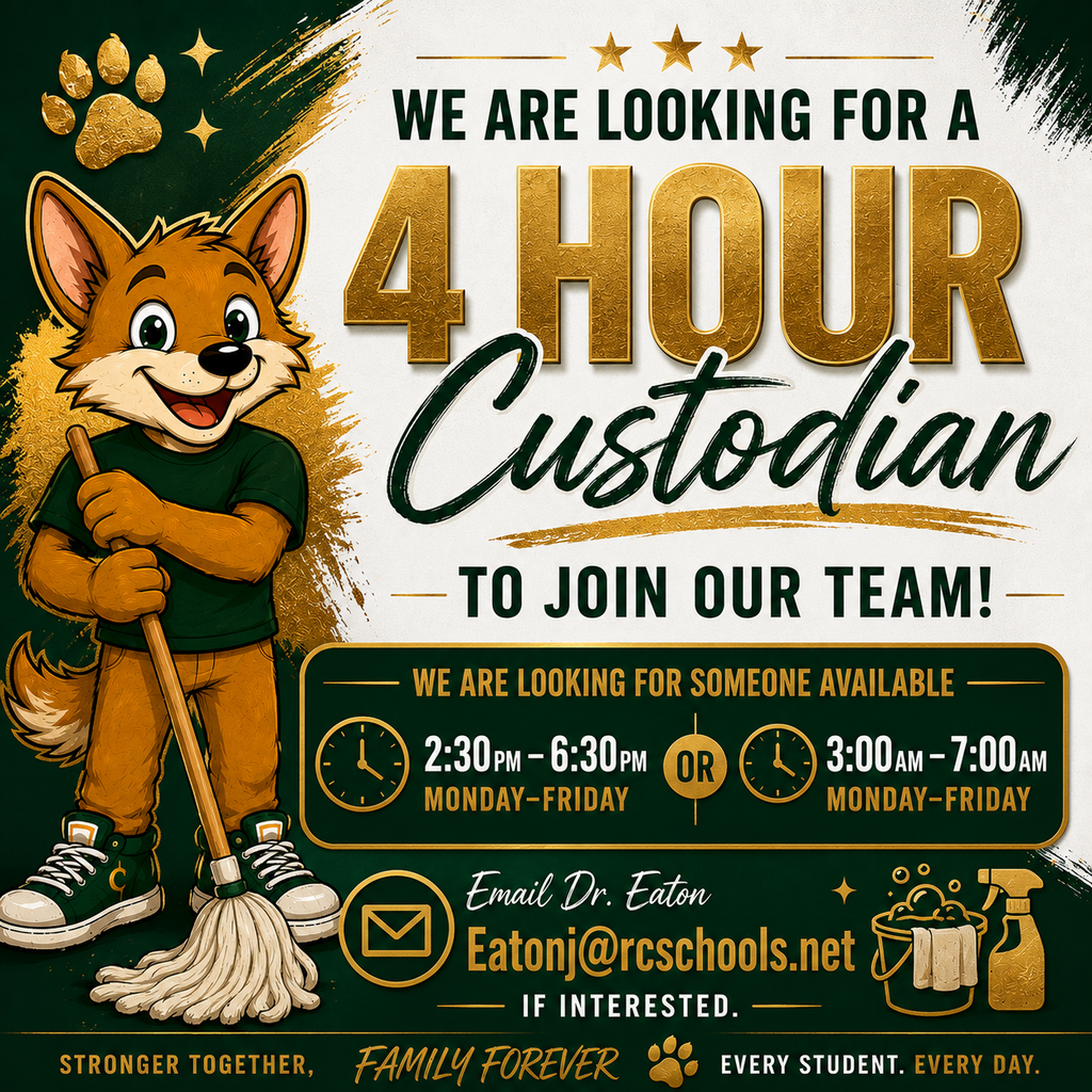 A poster with a cartoon fox holding a broom seeks a 4-hour custodian for a team.