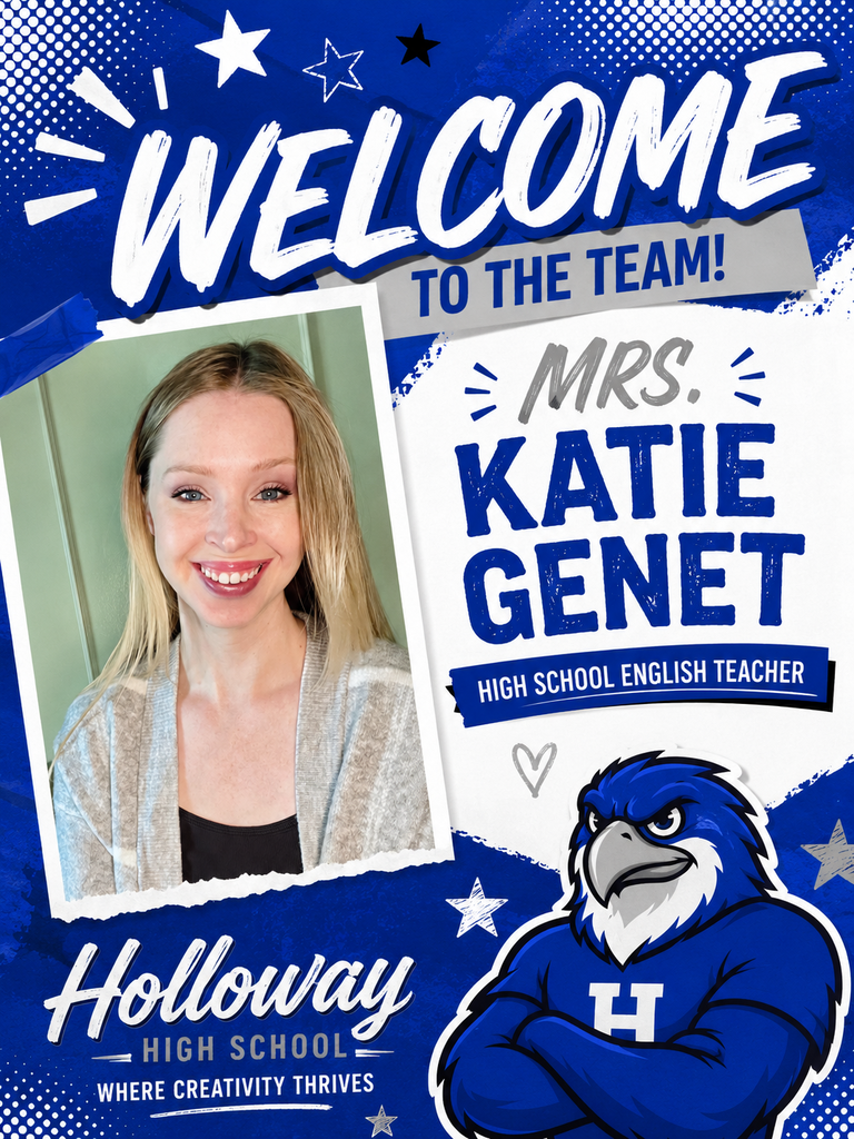 Blue and white background with stars. A smiling woman with blonde hair in a gray jacket. Text reads, "Welcome to the Team! Mrs. Katie Genet, High School English Teacher."