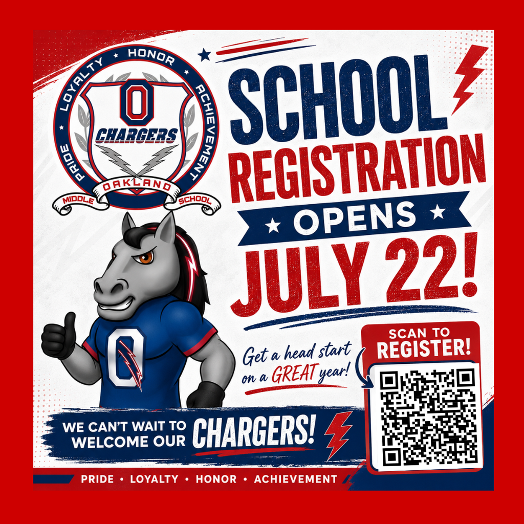 A poster advertises school registration, featuring a mascot, a QR code, and a bold red background.