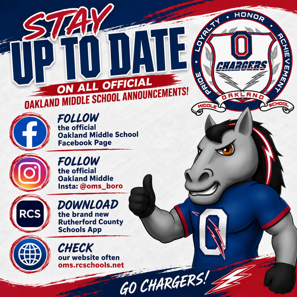 A poster with a horse mascot displays "Stay Up to Date" and "Go Chargers!" with social media and app links.