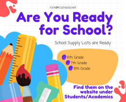 Graphic with school supplies telling parents where to go on the website to find supply lists. Under Student/Student Academics