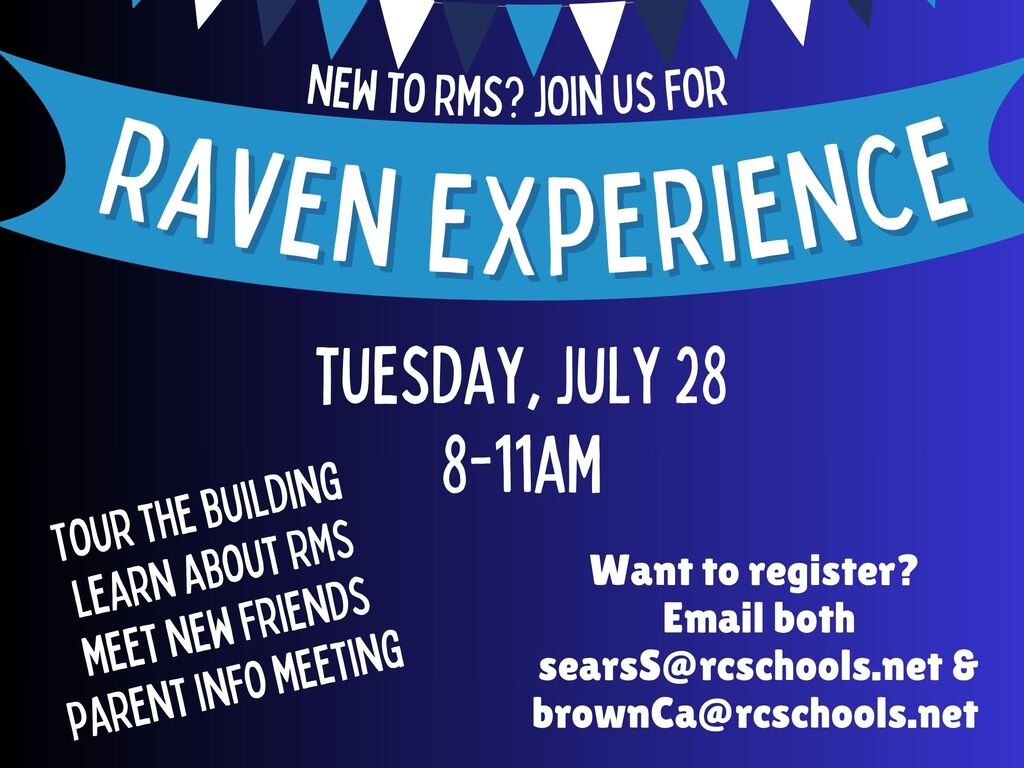 This image is a blue and white graphic showing information about the 2026 Raven Experience. It tells viewers that if they would like to register their child, they need to contact both Sara Sears and Caity Brown via email. 