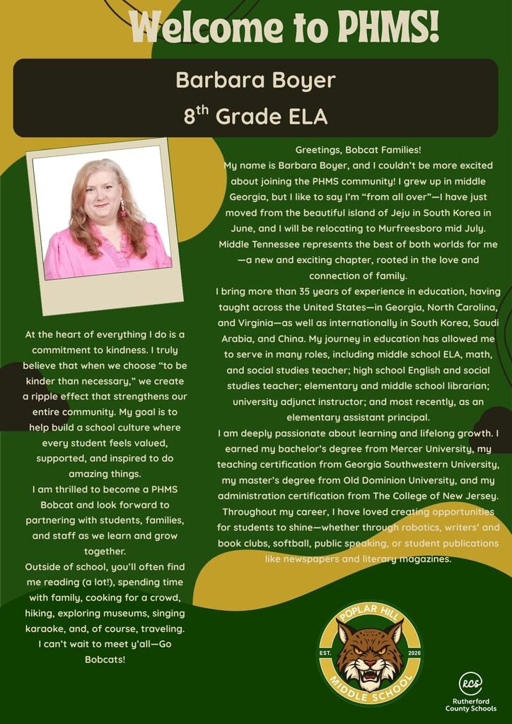 A flyer features Barbara Boyer's profile and introduction. A photo of her and her personal message are displayed.