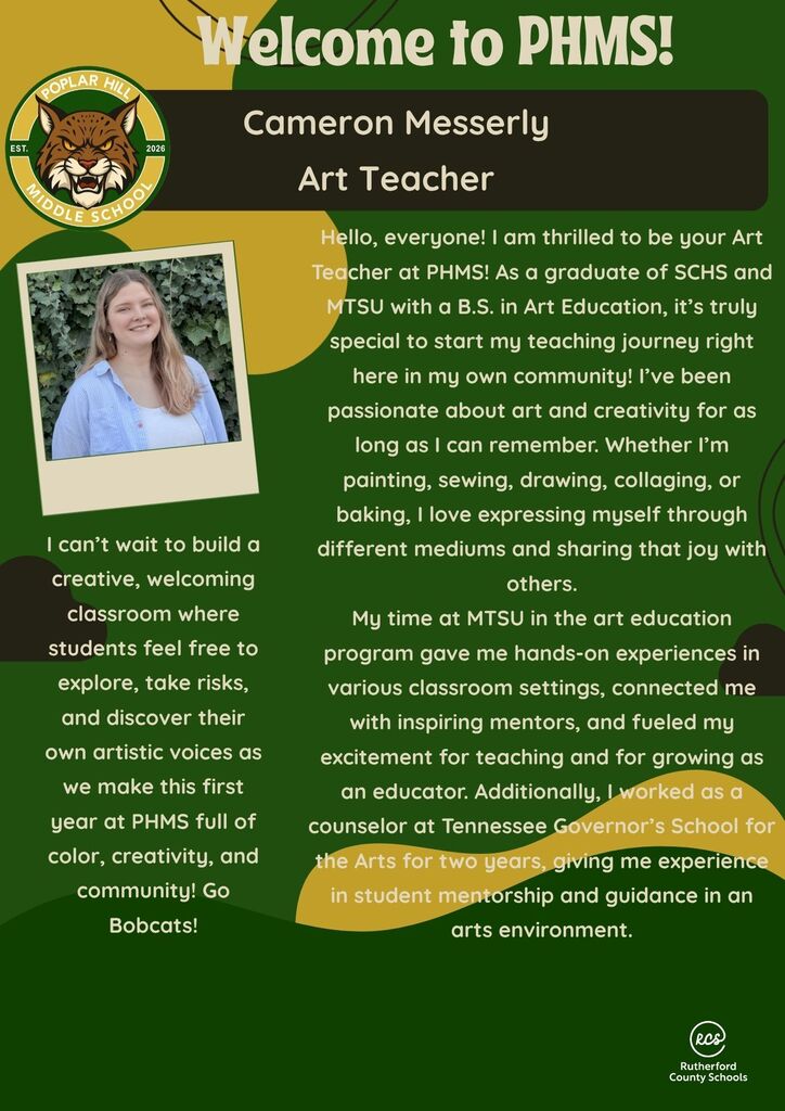 Text: "Welcome to PHMS! Cameron Messerly Art Teacher" Image of a woman in blue, with background of a school logo and green leaves.