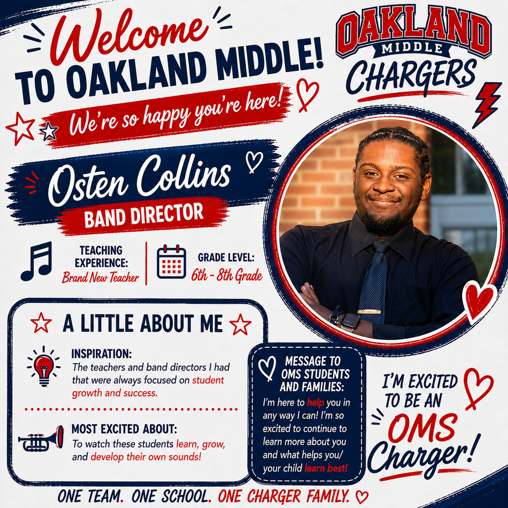 An introduction poster for Osten Collins, Band Director at Oakland Middle, with a photo of him smiling.