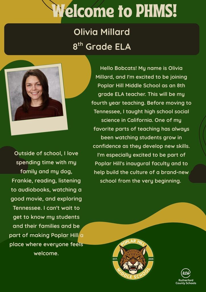 A green background displays a welcome message. A photo of a woman appears at left with a name, position, and a personal introduction.