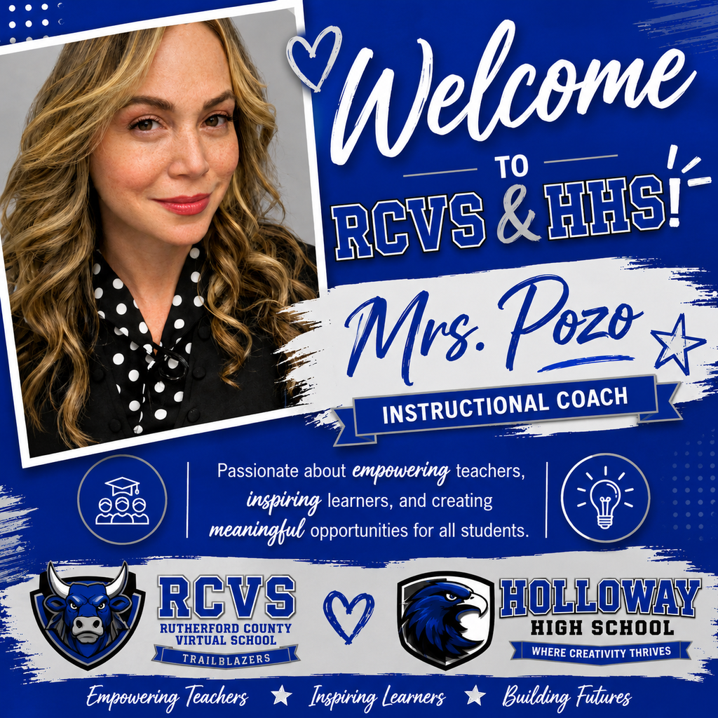 A poster welcomes Mrs. Pozo as an instructional coach for RCVS & HHS. It features her photo, name, and a description of her role.
