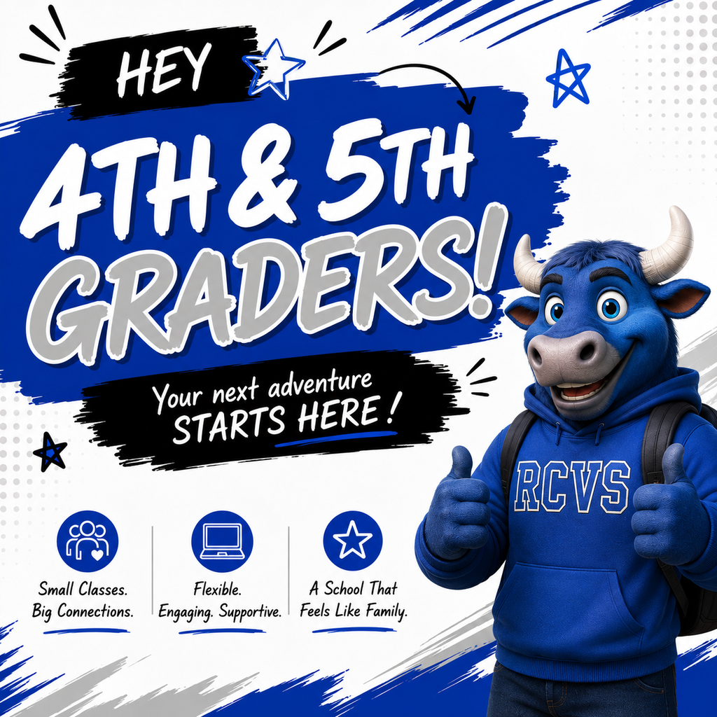 A blue mascot with horns wearing a blue hoodie gives a thumbs up. Text reads "Hey 4th & 5th graders! Your next adventure starts here!"
