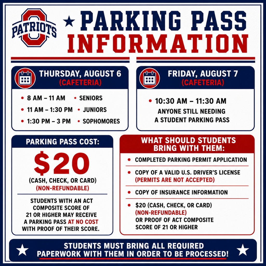 A sign with blue and red sections outlines parking pass information for a specific date. It lists times for different groups.