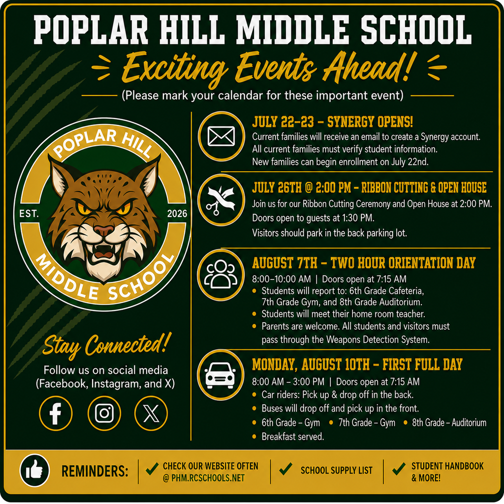 A poster with a green background. A lion head is on the left. Text reads, "Popular Hill Middle School Exciting Events Ahead."