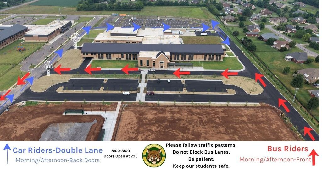 An aerial view of a school's parking lot with directional arrows. The lot has a double lane for cars and separate lanes for buses.
