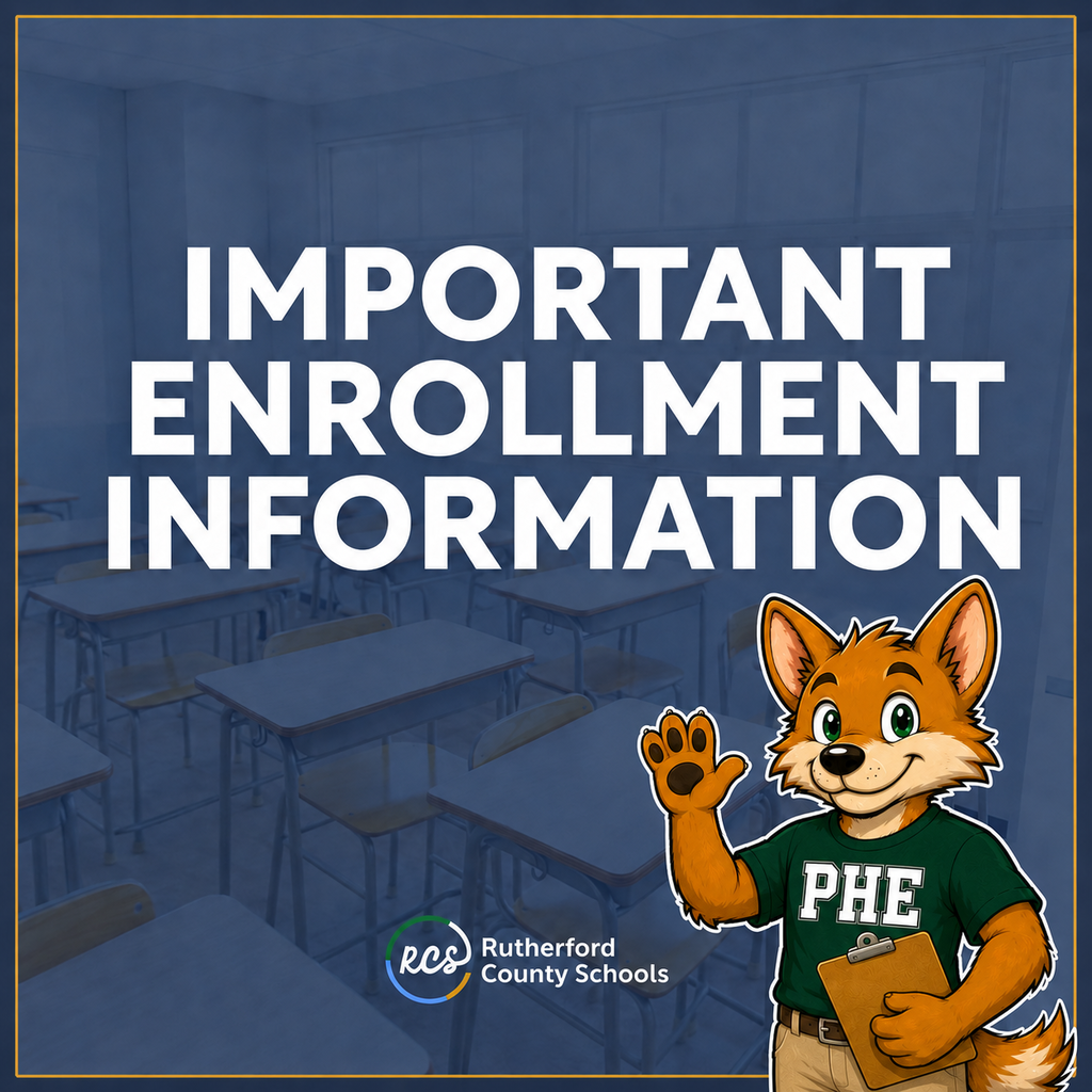 A cartoon fox holds a clipboard and a folder in a classroom. Text reads "IMPORTANT ENROLLMENT INFORMATION" and a school logo.