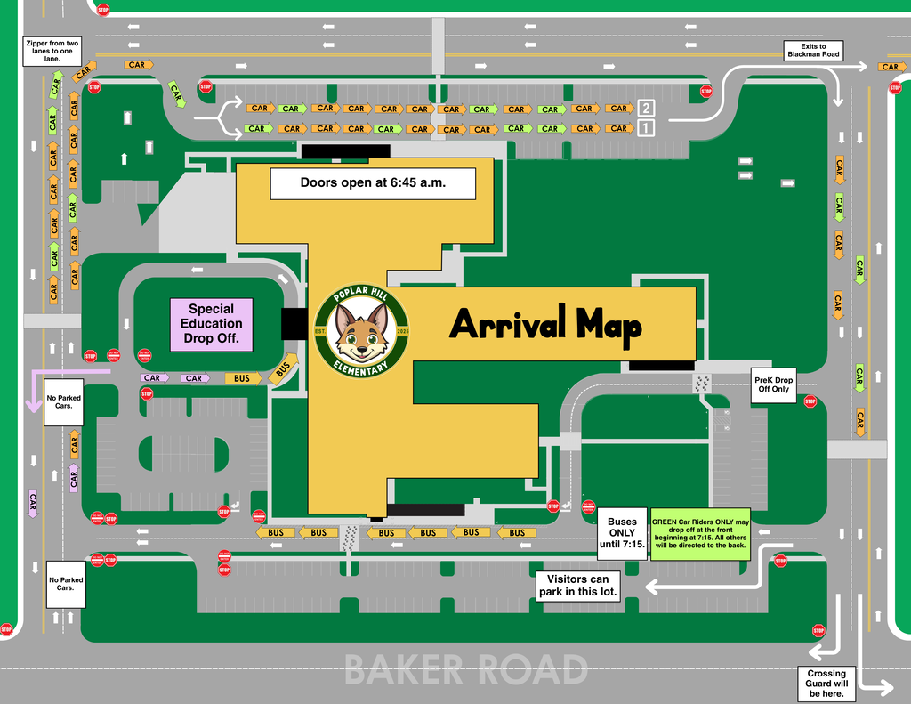 A map showing the arrival area with "Arrival Map" in yellow at the center, surrounded by green, with green boxes indicating parking areas.
