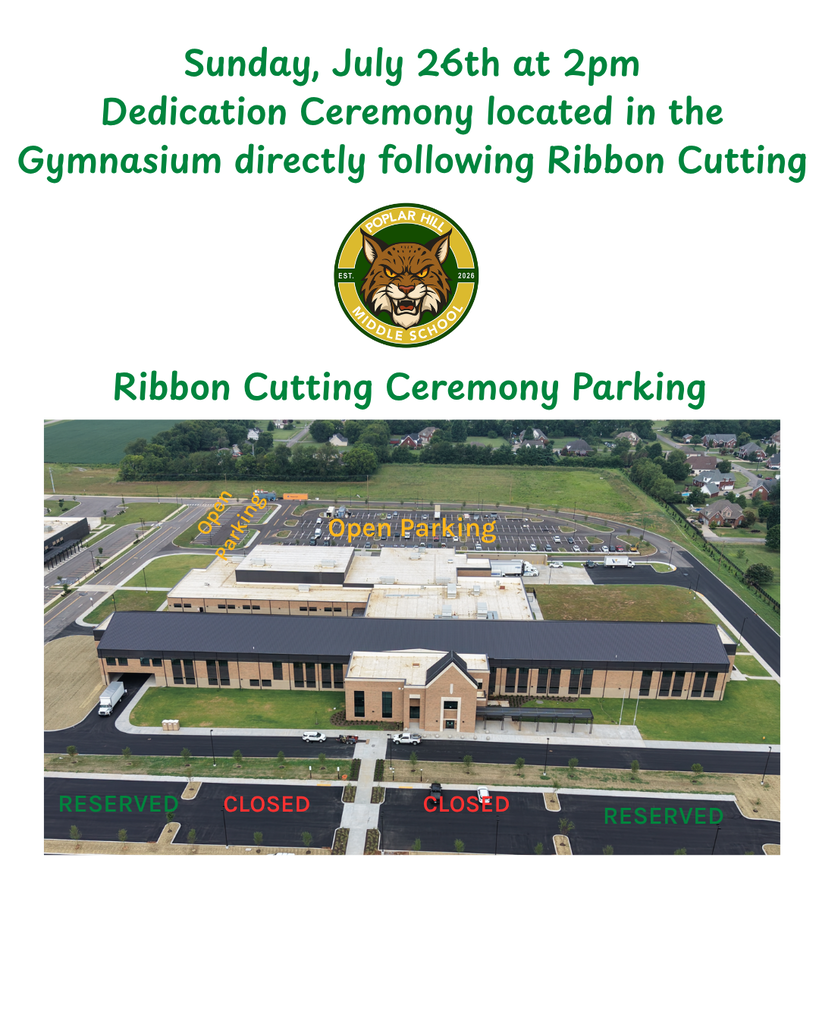 An aerial view of a school, indicating parking spaces for a ribbon-cutting ceremony.