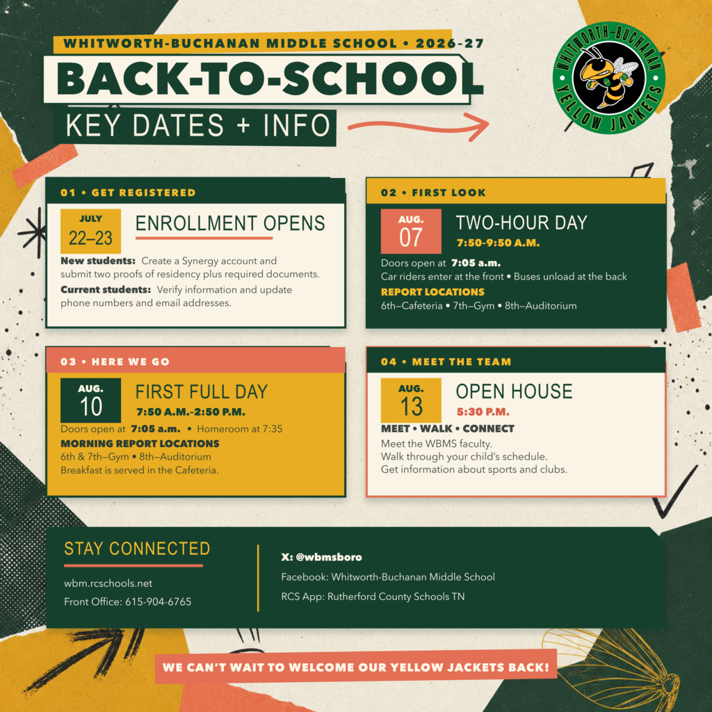 Bright graphic with "Back-to-School Key Dates + Info" heading. Dates and details include enrollment opening, first full day, and open house.