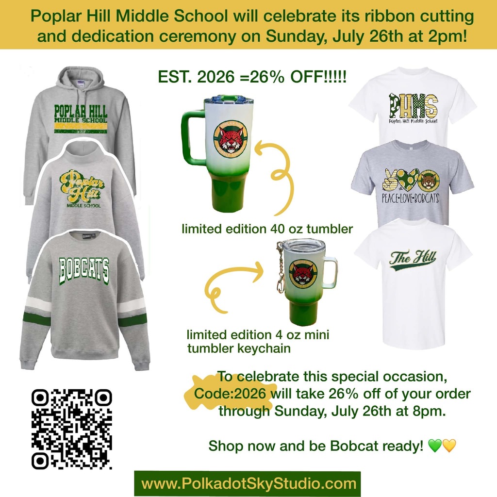 A poster displays merchandise for Poplar Hill Middle School. Items include hoodies, t-shirts, a 40 oz tumbler, and a 4 oz mini tumbler keychain.