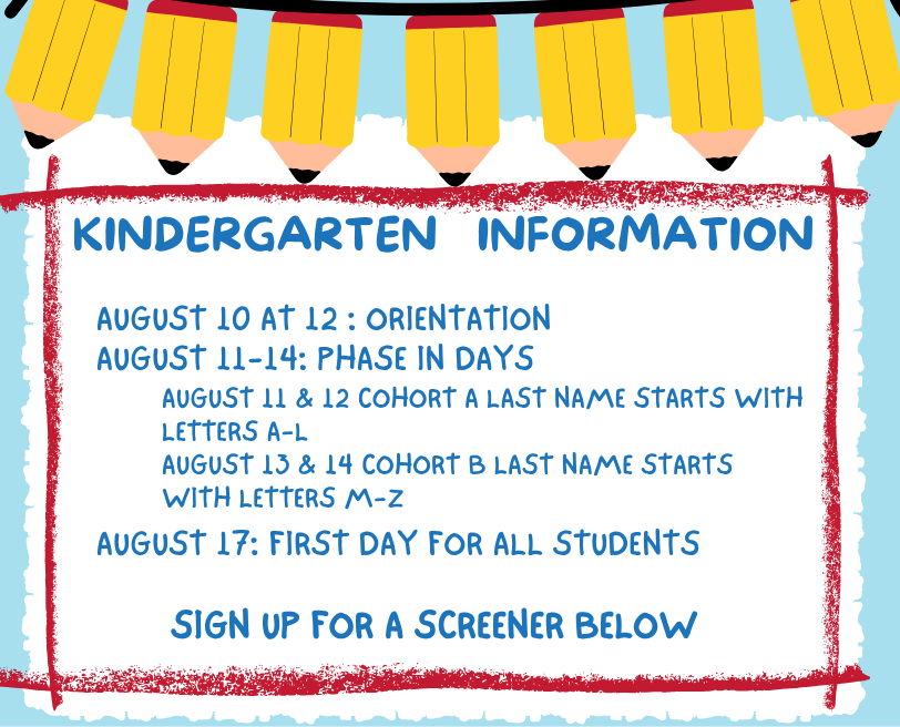 A schedule with colored pencils includes kindergarten orientation dates and cohort groups based on last names.