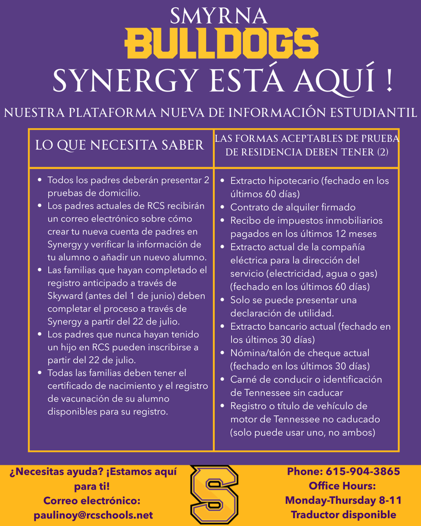 Poster with a purple background displaying "SMYRNA BULLDOGS SYNERGY ESTÁ AQUÍ!" with two columns of information. Left column titled "LO QUE NECESITA SABER" and right titled "LAS FORMAS ACEPTADAS DE PRUEBA DE RESIDENCIA DEBEN TENER".