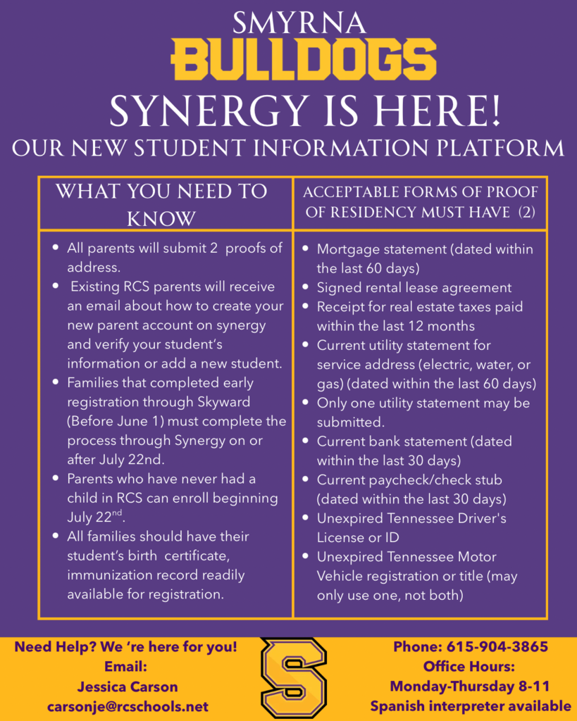 Purple background with white text. Title reads "Smyrna Bulldogs Synergy is Here!" Information lists student information and acceptable forms of proof.
