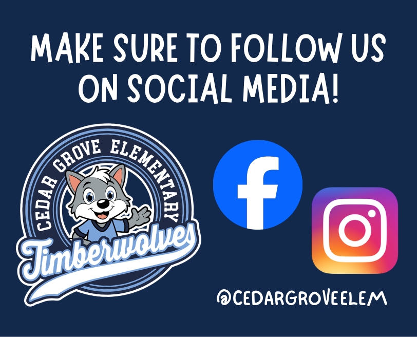 Blue background with text inviting to follow on social media. Logos for Facebook and Instagram. Timberwolves logo with a wolf mascot.