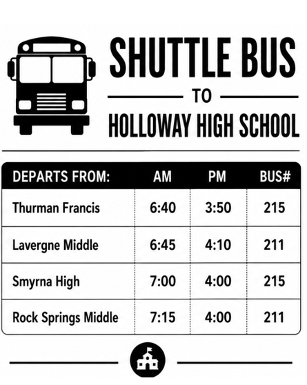 A black-and-white graphic lists shuttle bus routes to Holloway High School, including departure times and bus numbers.