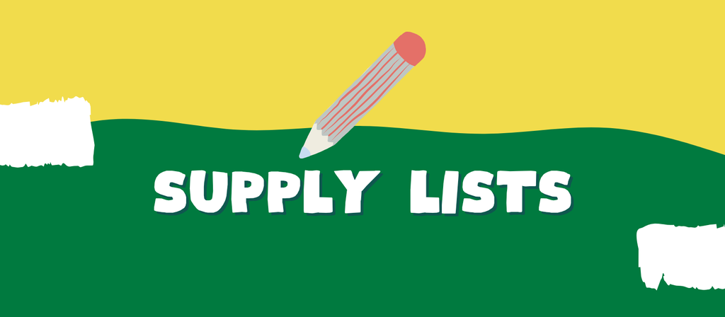 Green background with a yellow border, a red pencil pointing upward, and white text that reads "SUPPLY LISTS".