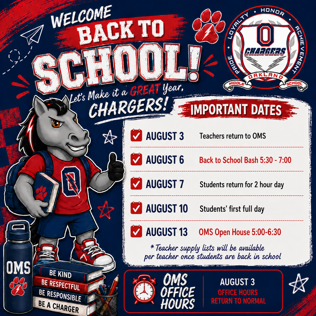 A poster for back-to-school with mascot. Dates include teacher return, back-to-school bash, and students return.