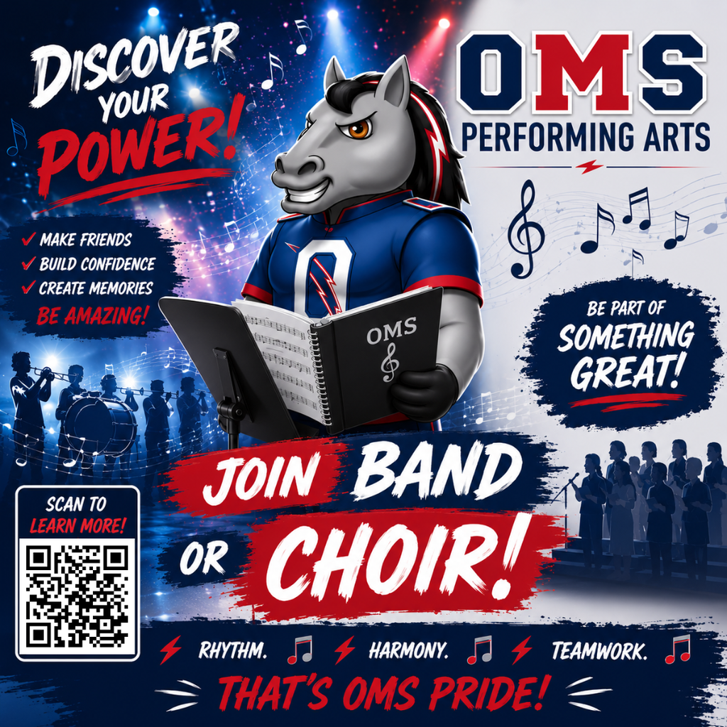 A poster invites participation in OMS Performing Arts. It features a mascot, a horse, holding a music book.