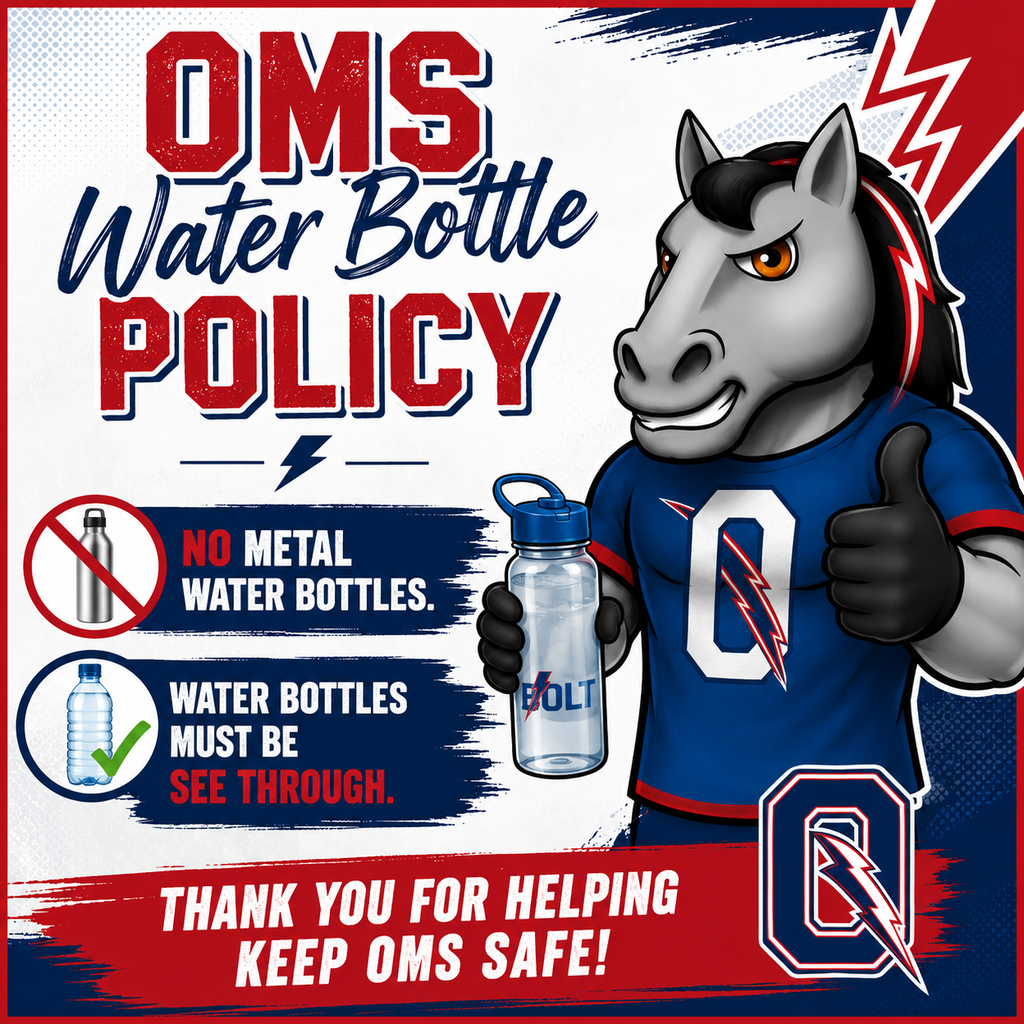 Poster with blue and white background. Mascot with jersey and thumbs up. Rules: No metal bottles. Clear bottles only.