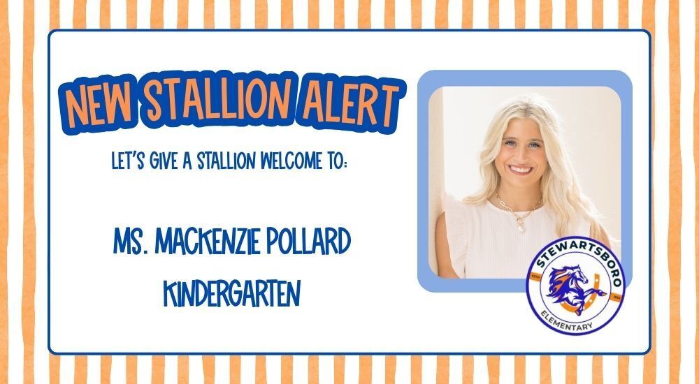 A white and orange striped border frames an announcement for Ms. Mackenzie Pollard. It reads, "New Stallion Alert."