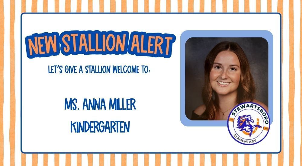 A card features a photo of a smiling woman, text reading "New Stallion Alert", and "Ms. Anna Miller, Kindergarten" with a logo at the bottom.