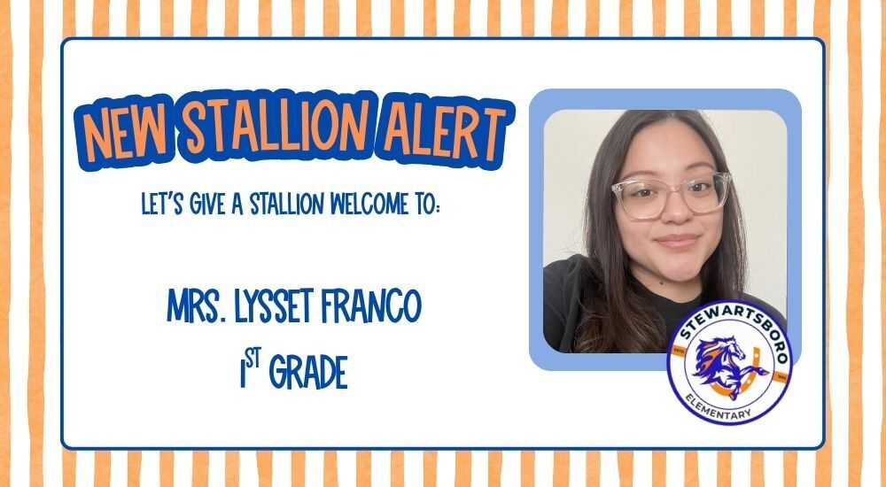 A white card with orange and white stripes shows a photo of a woman and a school logo. Text reads, "New Stallion Alert".