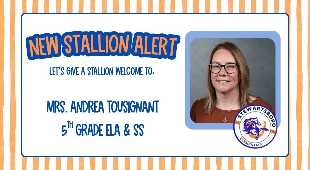 A card with blue and white stripes. It reads, "New Stallion Alert." There is a photo of a woman wearing glasses.