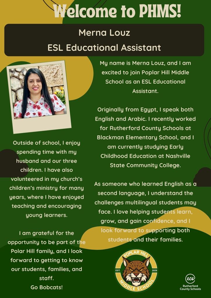 A poster with a green background introduces Merna Louz, an ESL Educational Assistant. It includes a photo, her background, and her statement about her role.