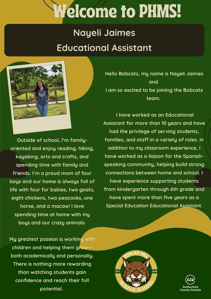 A green background with text introducing Nayeli Jaimes as an Educational Assistant at PHMS. A photo of Nayeli is displayed.