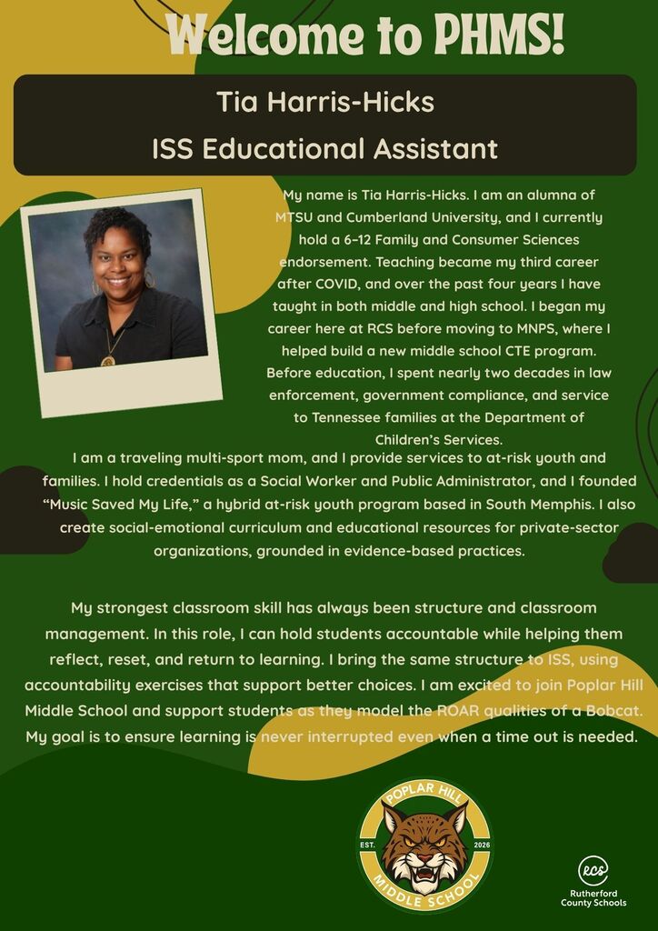 Green background with a black border. Black text in white font reads "Welcome to PHMS!". Photo of woman with text below.