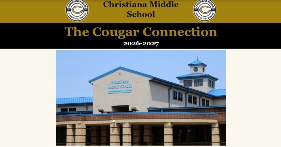 School magazine cover with "Christiana Middle School" and "The Cougar Connection" title, featuring a school building.