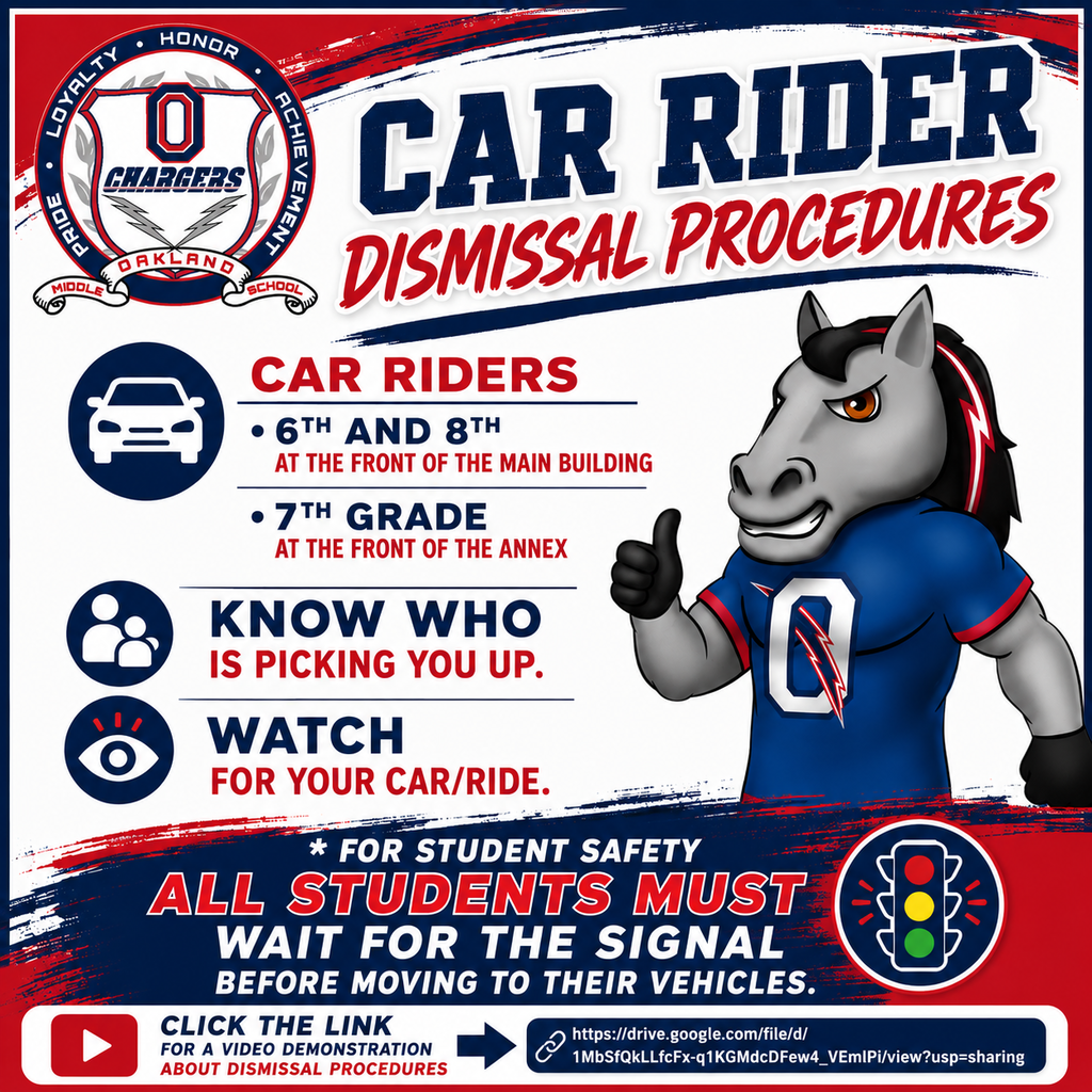 A poster with a horse mascot displays car rider dismissal procedures for 6th, 7th, and 8th graders.