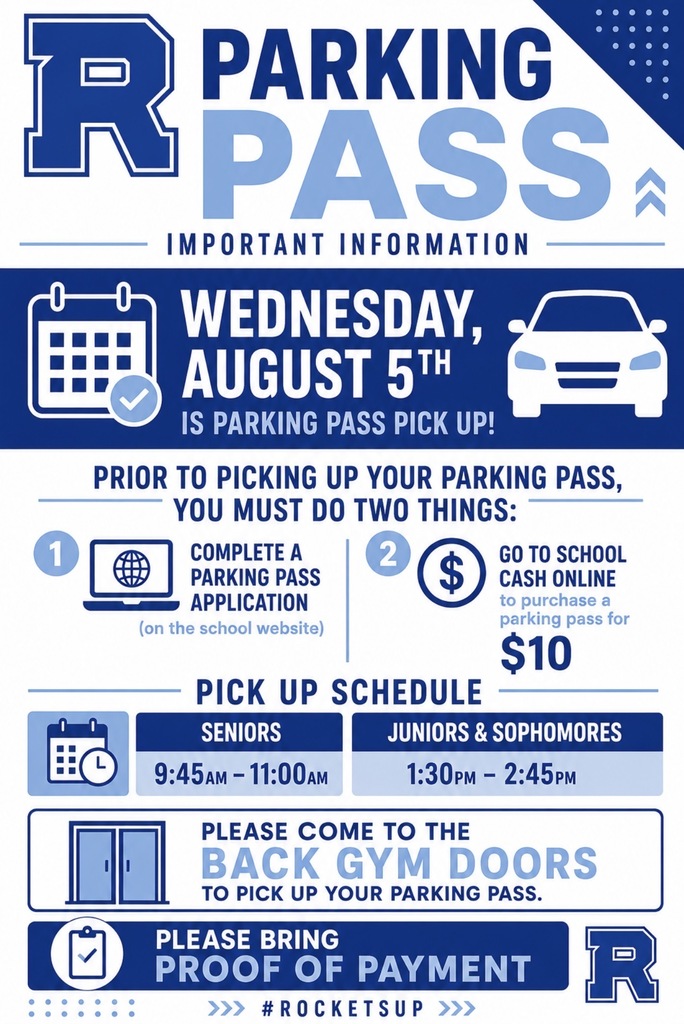 An infographic with blue and white colors details the parking pass pickup schedule for Wednesday, August 5th.