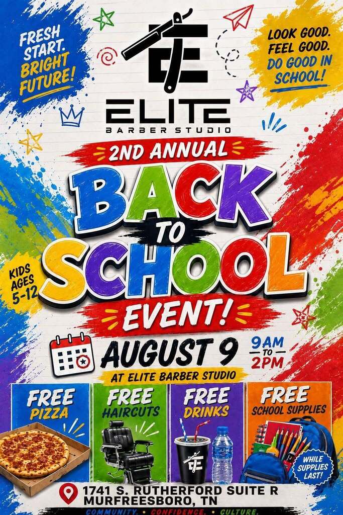 Poster advertising Elite Barber Studio's 2nd annual Back to School Event. Details: August 9, 9am-2pm, free haircuts, drinks, school supplies.