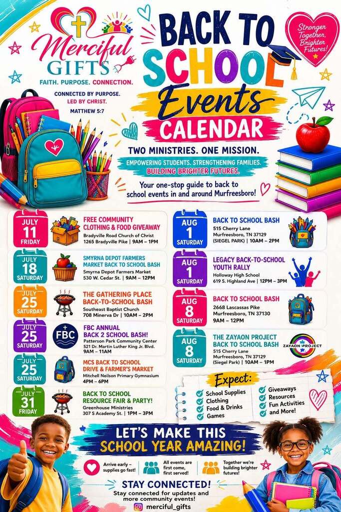 A colorful poster advertising back-to-school events. It includes dates, activities, and icons of backpacks, books, and an apple.