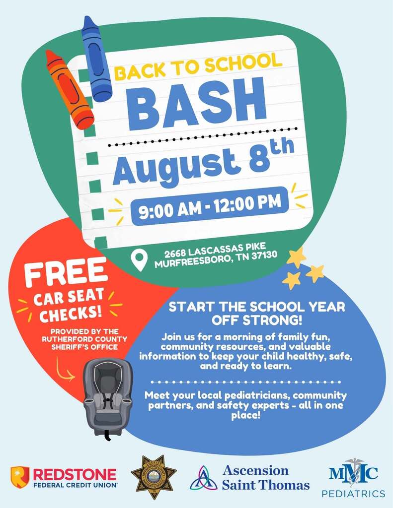 An event flyer for a Back to School Bash on August 8th. It features car seat checks, community partners, and local pediatricians.