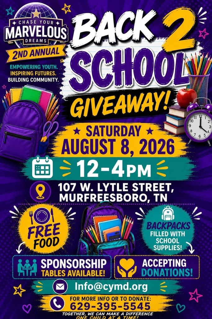 Event poster for the 2nd Annual Back 2 School Giveaway on August 8, 2026, from 12-4PM. Details include location, free food, school supplies, and information on sponsorships.