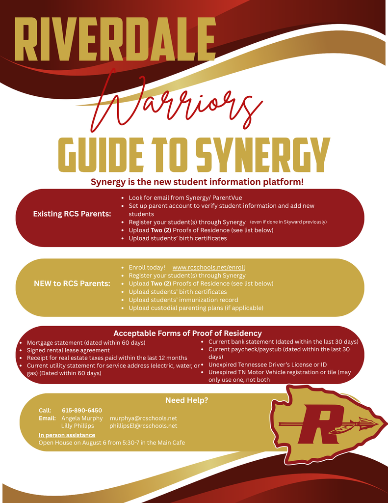A flyer titled "Riverdale Warriors Guide to Synergy" with bold red and gold fonts. Sections include "Existing RCS Parents" and "New to RCS Parents" with bullet points.