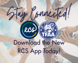 An advertisement shows hands forming a circle with two logos, "RCSS" and "TFA". Text reads "Stay Connected!" and "Download the New RCS App Today!"
