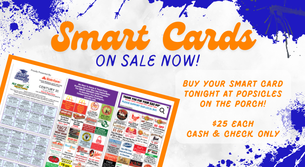 An advertisement for Smart Cards on sale. Blue and white background with text and an image of a Smart Card.