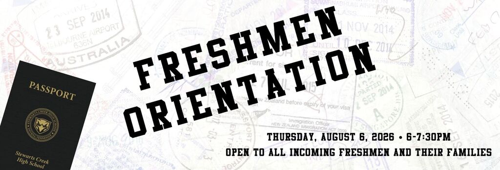 A white background with black text reading "Freshmen Orientation" and "Thursday, August 8, 2020 - 6:00-7:30 PM" is visible.