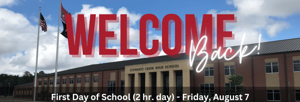 A school banner reading "Welcome Back!" in red text with a blue sky and clouds.