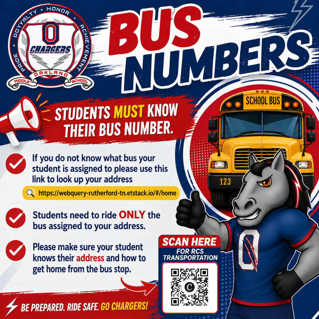 Blue and red background with a school bus icon. A horse mascot holding a thumbs up. Text reads "Students must know their bus number."