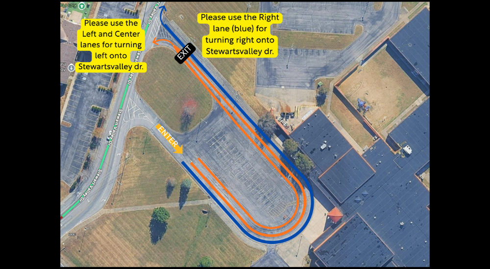 Aerial view of a road with blue and orange lanes. Text labels indicate directions for right and left turns.
